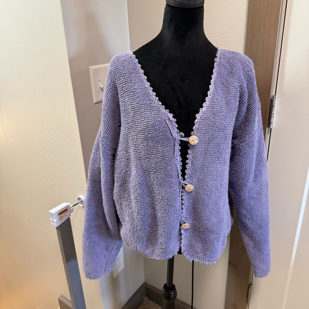Vintage Y2K Flashback Terrycloth Loose‎ Fit Button Up Cardigan Sweater Purple L